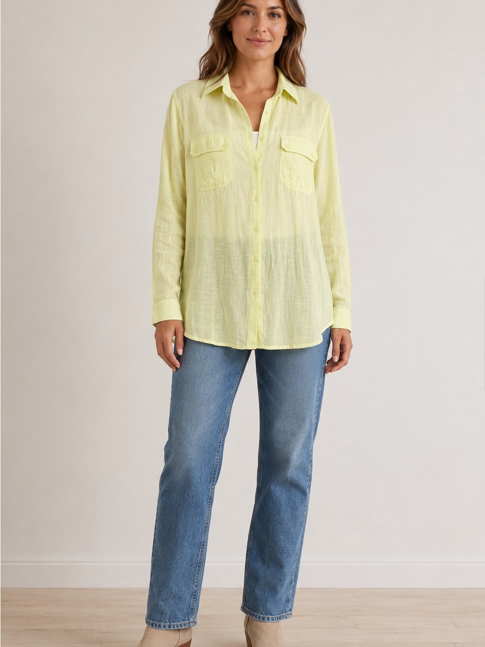 Chico's Soft Pale Yellow Linen-Blend Shirt